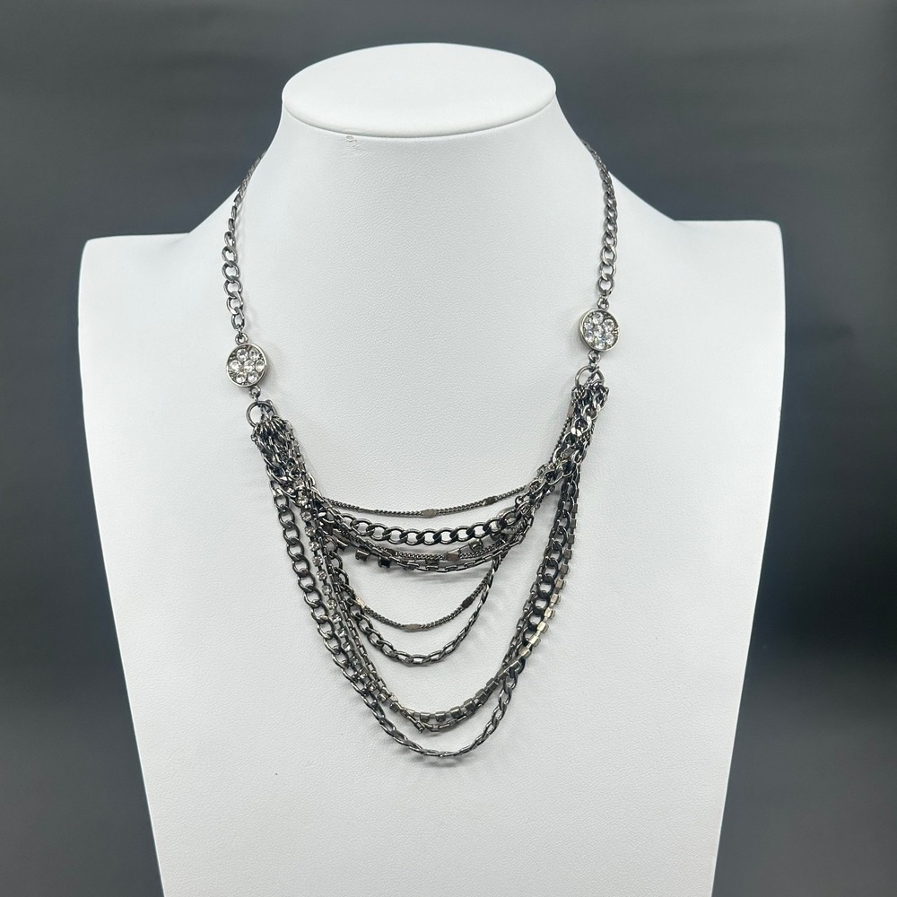 Silver Tone Multi Strand Chain Necklace Rhinestone Layered Statement Glam Y2K